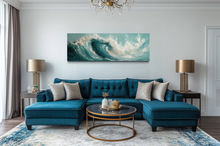 Teal Ocean Wave Coastal Horizontal Framed Canvas Wall Art