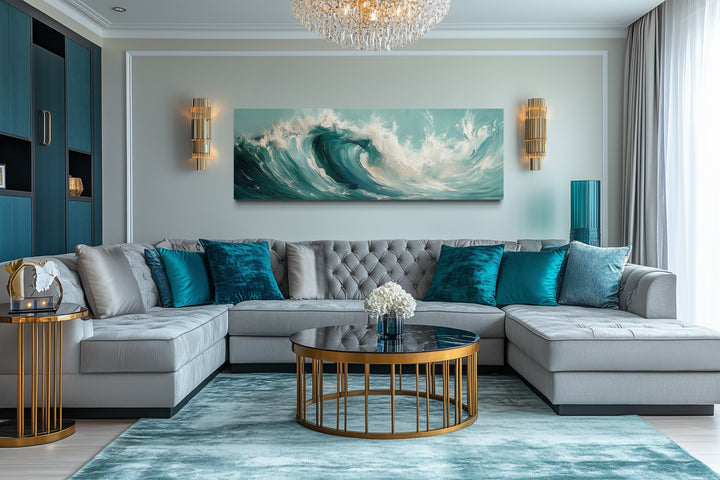 Teal Ocean Wave Coastal Horizontal Framed Canvas Wall Art