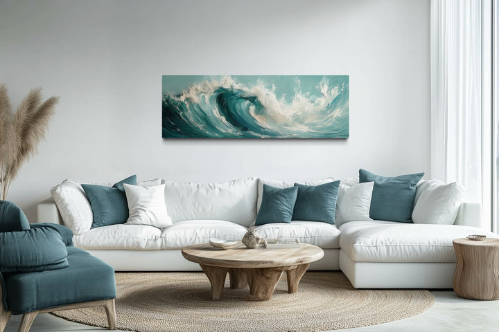 Teal Ocean Wave Coastal Horizontal Framed Canvas Wall Art