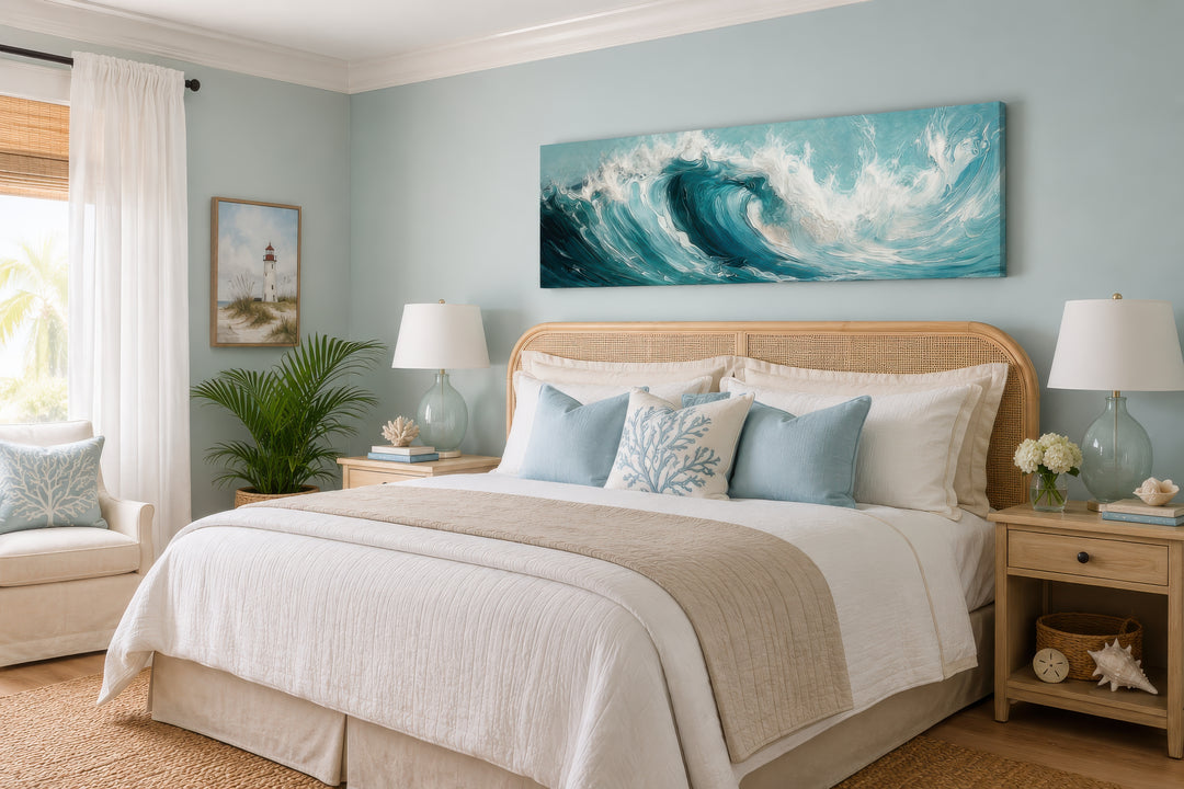 Teal Ocean Wave Coastal Horizontal Framed Canvas Wall Art hanging above a bed in a coastal bedroom.