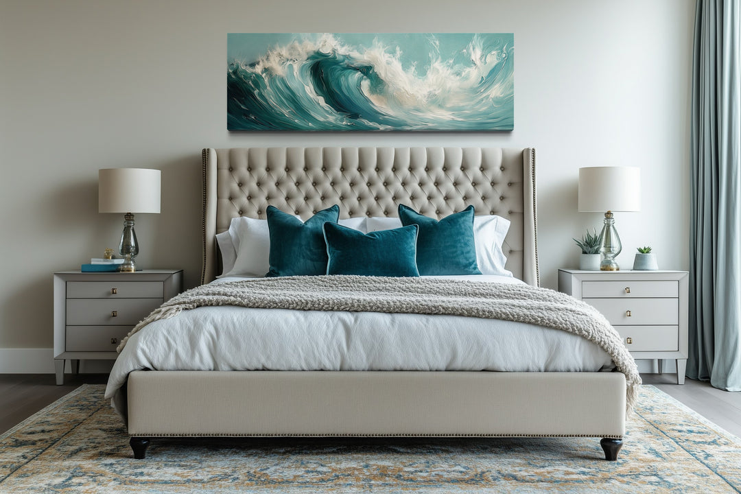 Teal Ocean Wave Coastal Horizontal Framed Canvas Wall Art