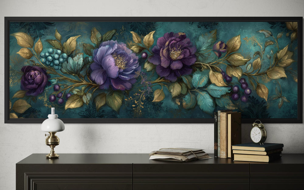 Horizontal canvas wall art featuring purple peonies and gold leaves on a dark teal background.