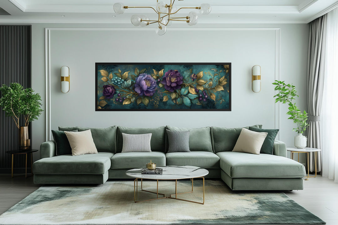 Teal and purple peony wall art with gold leaf accents in a wide horizontal black frame.