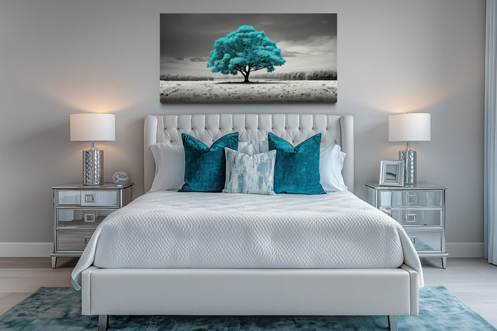 Teal Tree on Black White Background Framed Canvas Wall Art