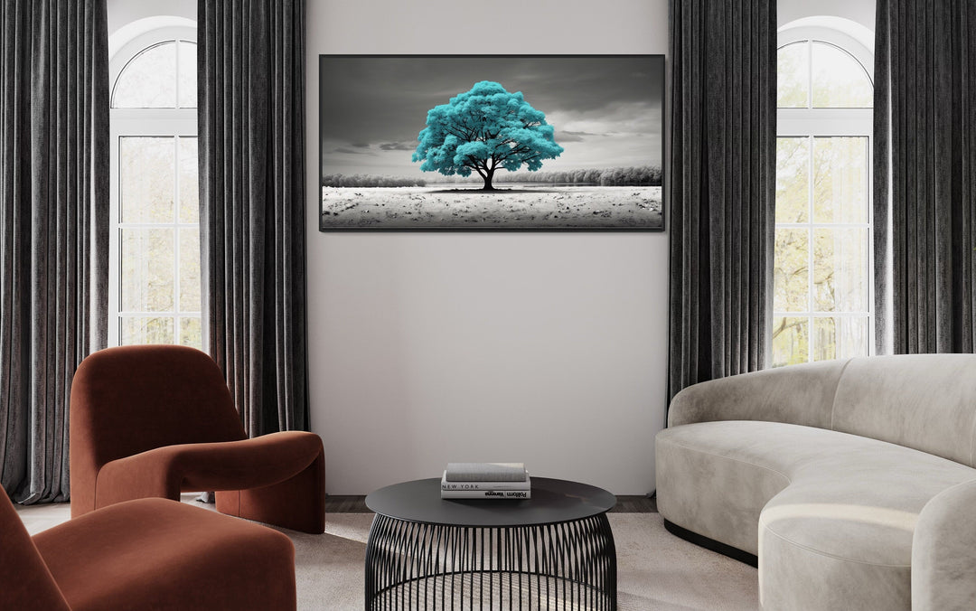 Teal Tree on Black White Background Framed Canvas Wall Art