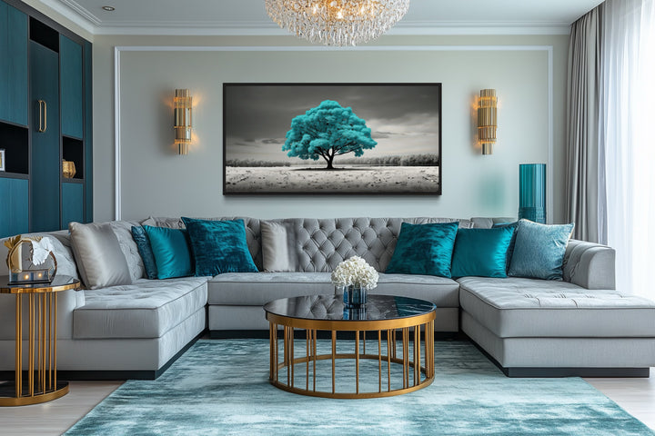 Teal Tree on Black White Background Framed Canvas Wall Art