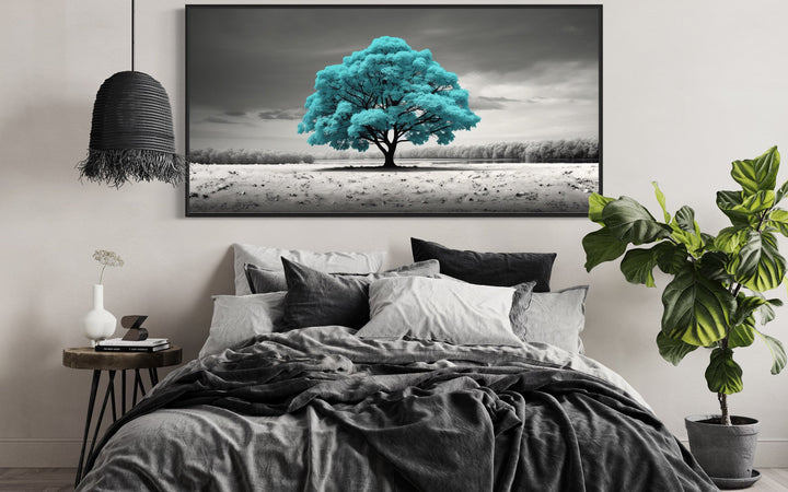 Teal Tree on Black White Background Framed Canvas Wall Art