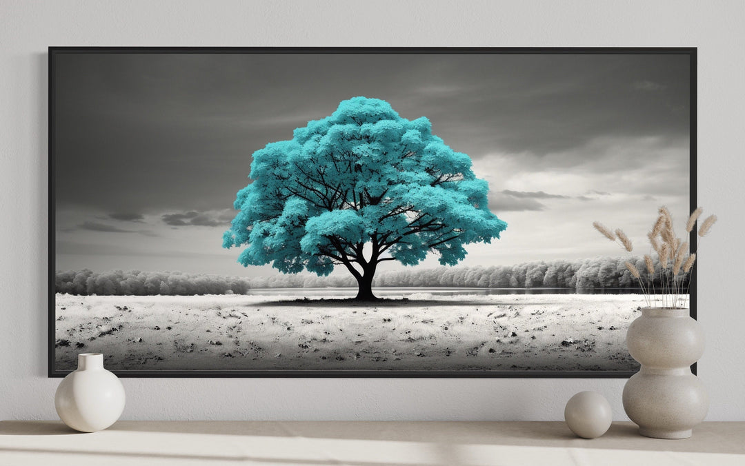 Teal Tree on Black White Background Framed Canvas Wall Art