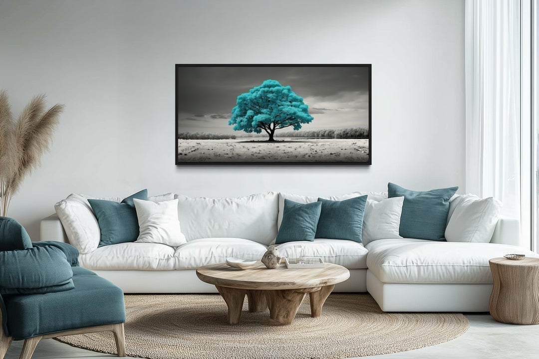 Teal Tree on Black White Background Framed Canvas Wall Art