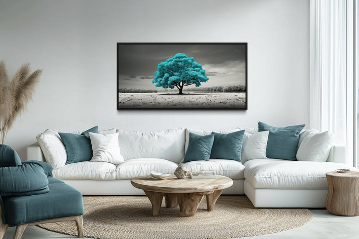 Teal Tree on Black White Background Framed Canvas Wall Art