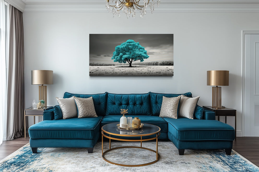 Teal Tree on Black White Background Framed Canvas Wall Art