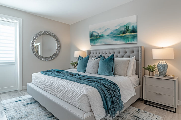 Teal watercolor mountain and lake landscape canvas art displayed above a tufted grey bed.