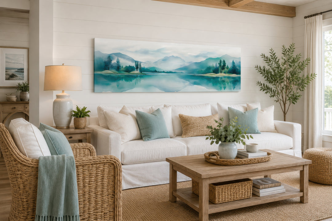 Teal watercolor mountain and lake landscape panoramic wall art hanging above a white sofa.