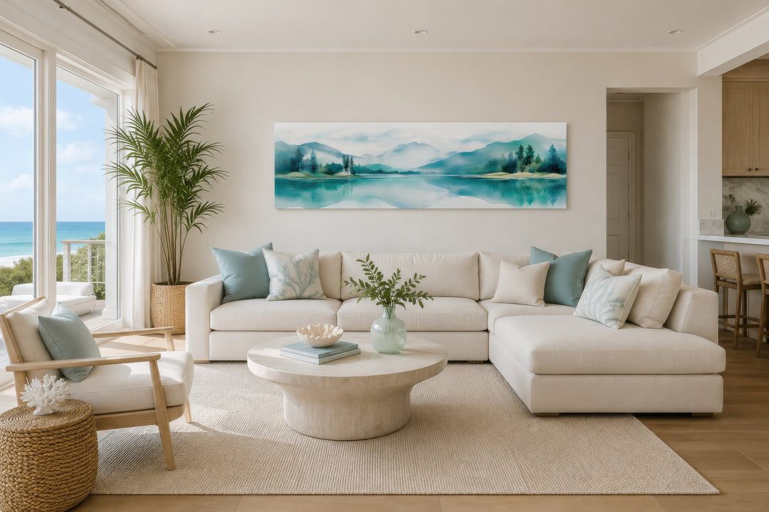 Teal watercolor mountain and lake landscape panoramic wall art hanging above a white sectional sofa.