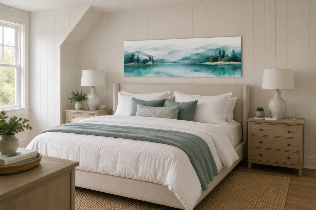 Teal watercolor mountain and lake landscape panoramic wall art hanging above a bed.