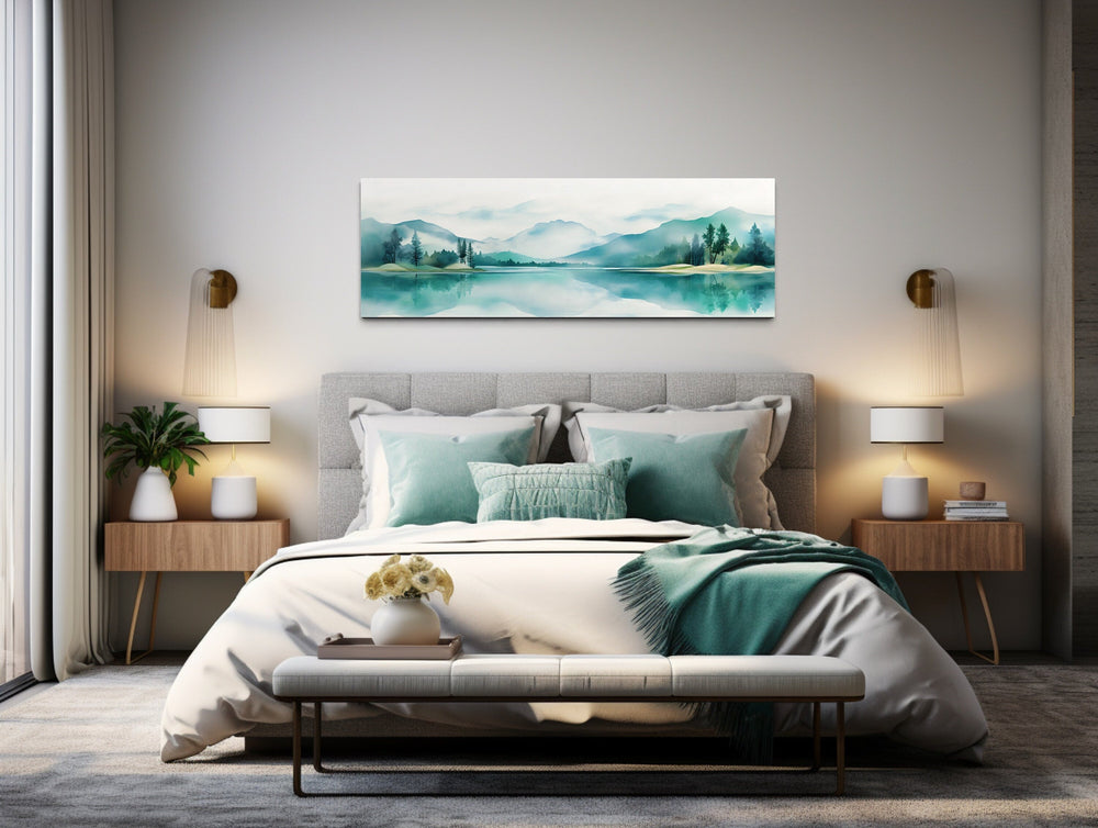 Teal Watercolor Mountains Lake Landscape Long Narrow Over Bed Wall Art in bedroom