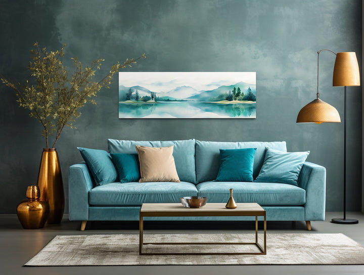 Teal Watercolor Mountains Lake Landscape Long Narrow Over Bed Wall Art