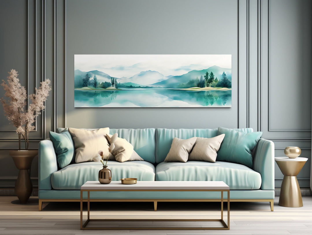 Teal Watercolor Mountains Lake Long Narrow Over Bed Wall Art