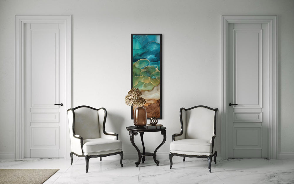 Teal and Gold Tall Narrow Abstract Canvas Wall Art