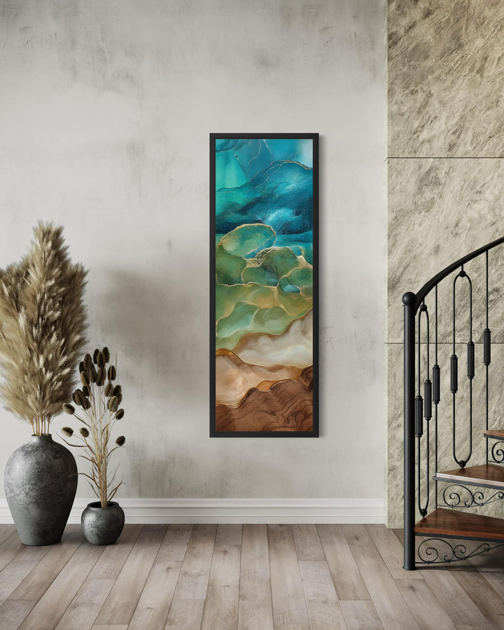 Teal and Gold Tall Narrow Abstract Canvas Wall Art