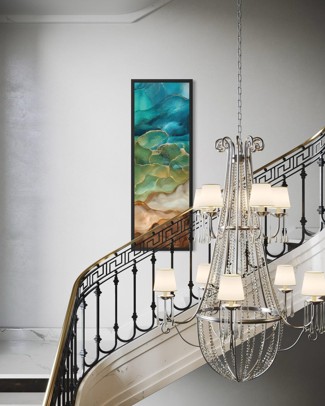 Teal and Gold Tall Narrow Abstract Canvas Wall Art