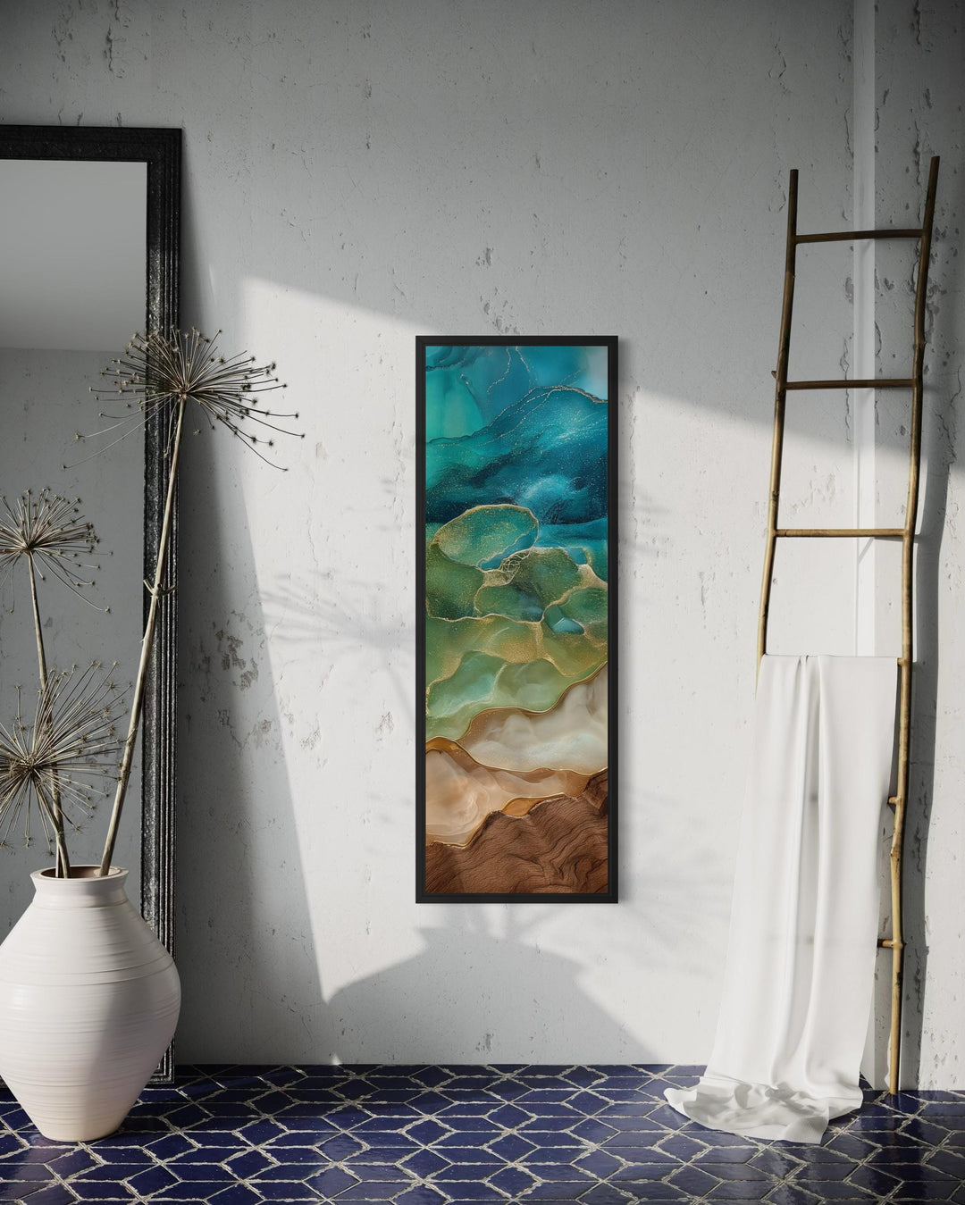 Teal and Gold Tall Narrow Abstract Canvas Wall Art