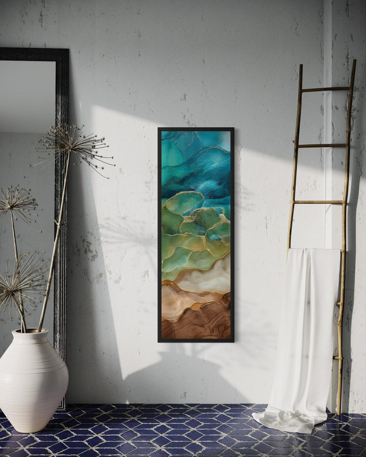 Teal and Gold Tall Narrow Abstract Canvas Wall Art
