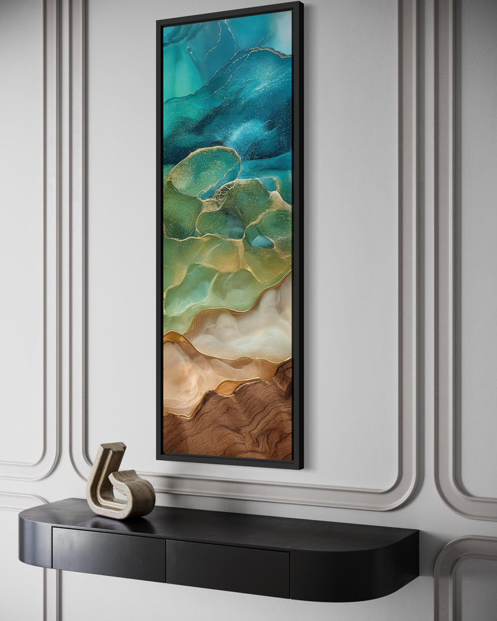 Teal and Gold Tall Narrow Abstract Canvas Wall Art