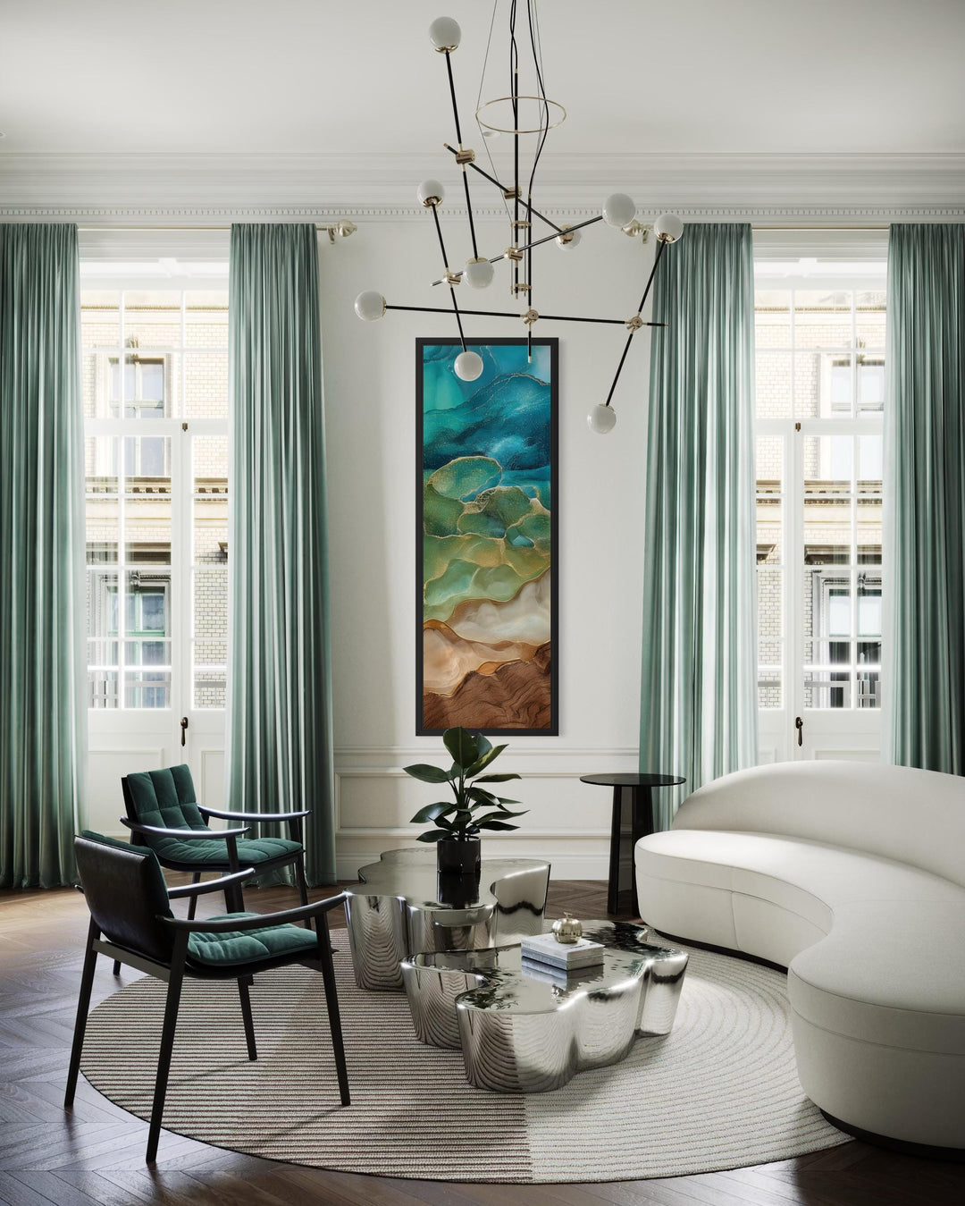 Teal and Gold Tall Narrow Abstract Canvas Wall Art