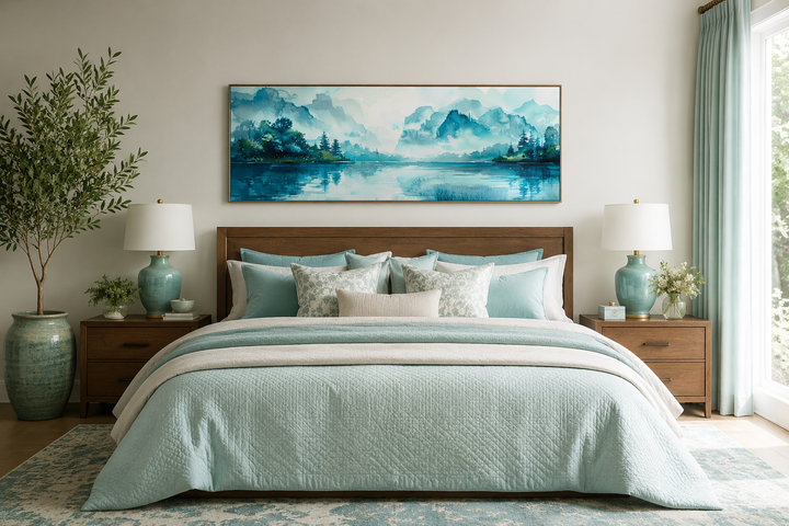 Teal mountain lake horizontal canvas wall art hanging above a bed in a modern bedroom.