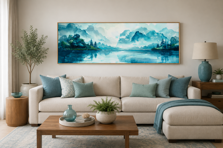 Teal mountain lake horizontal canvas wall art hanging above a cream sofa in a modern living room.