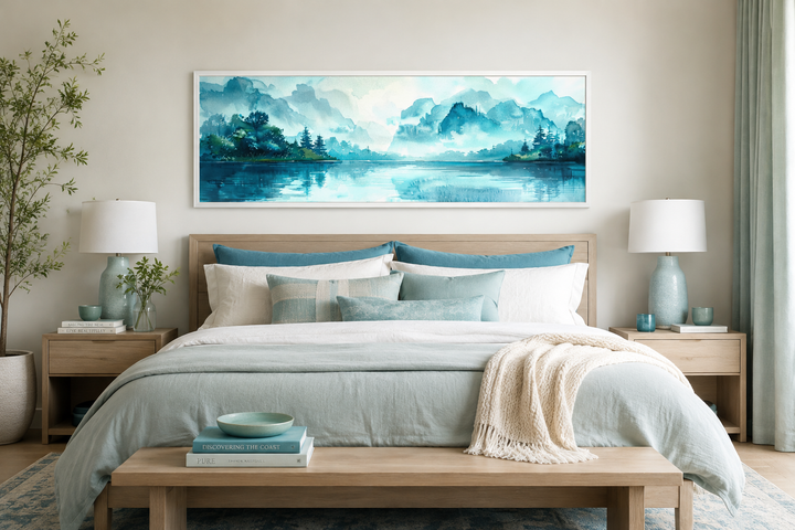 Teal mountain lake horizontal canvas wall art hanging above a bed in a modern bedroom.
