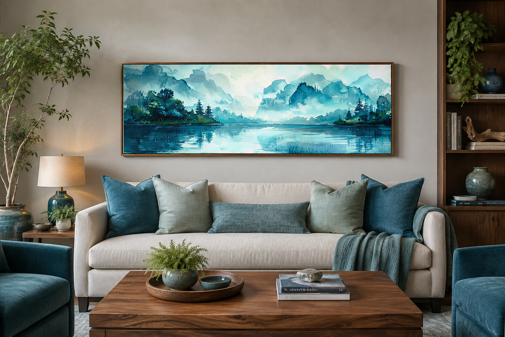 Teal mountain lake horizontal canvas wall art above a sofa in a modern living room.