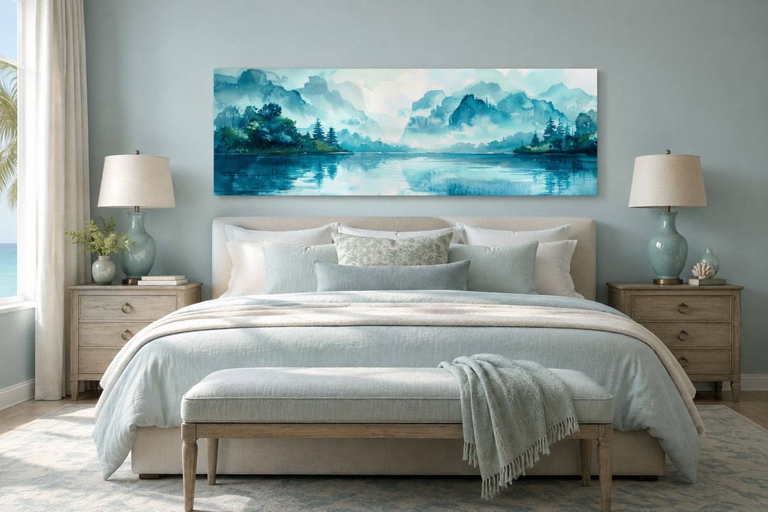 Teal mountain lake horizontal canvas wall art hanging above a bed in a serene bedroom.