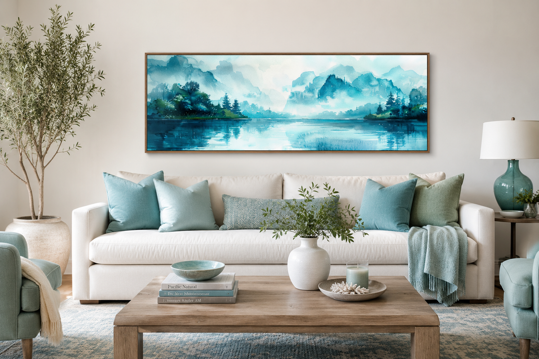 Teal mountain lake horizontal canvas wall art above a white sofa in a modern living room.