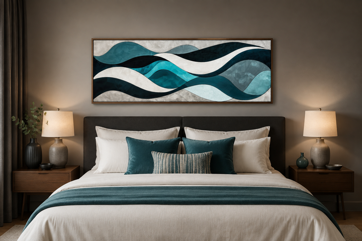 Teal, blue, and grey abstract waves horizontal wall art hanging above a bed in a modern bedroom.