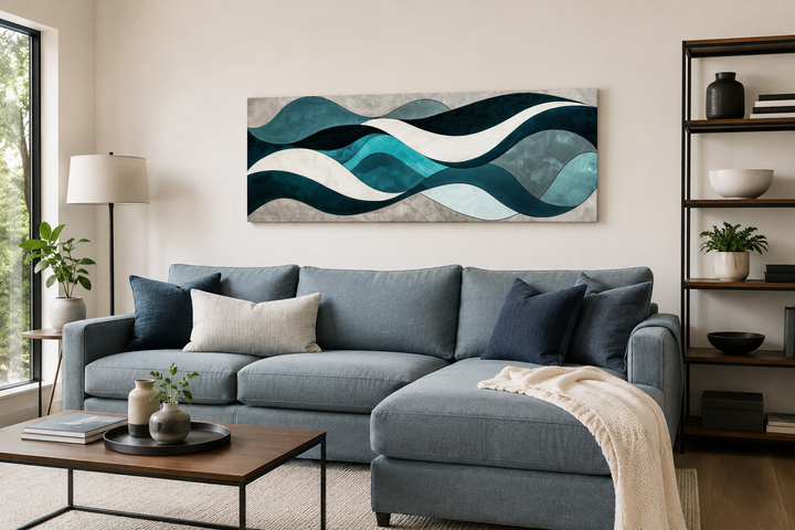 Teal, blue, and grey abstract waves long horizontal wall art hanging above a blue sectional sofa.