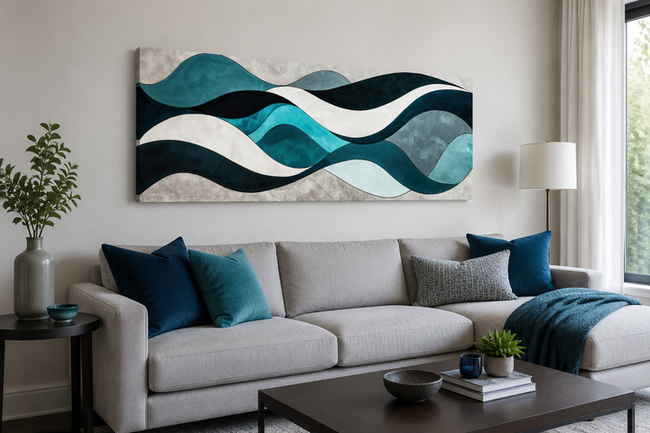 Long horizontal abstract wall art with teal, blue, and grey waves hanging above a grey sofa.