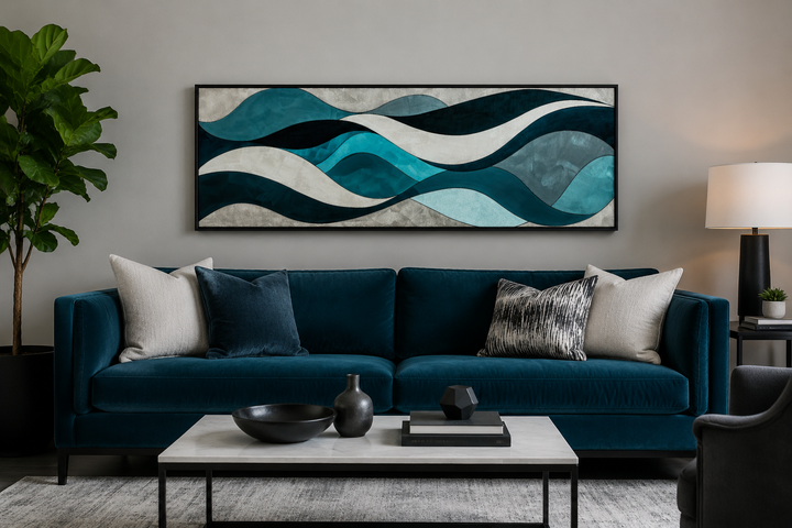 Teal, blue, and grey abstract waves long horizontal wall art above a blue velvet sofa.