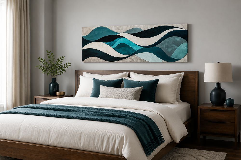 Teal blue and grey abstract waves long horizontal wall art hanging above a modern wooden bed.