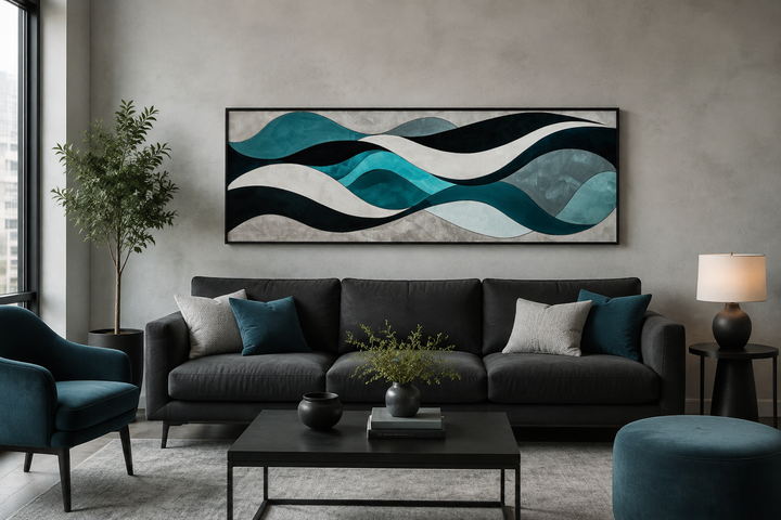 Teal, blue, and grey abstract waves long horizontal wall art above a dark grey sofa.