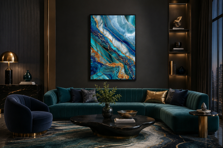 Teal and gold abstract marble framed canvas wall art hanging in a modern dark living room.