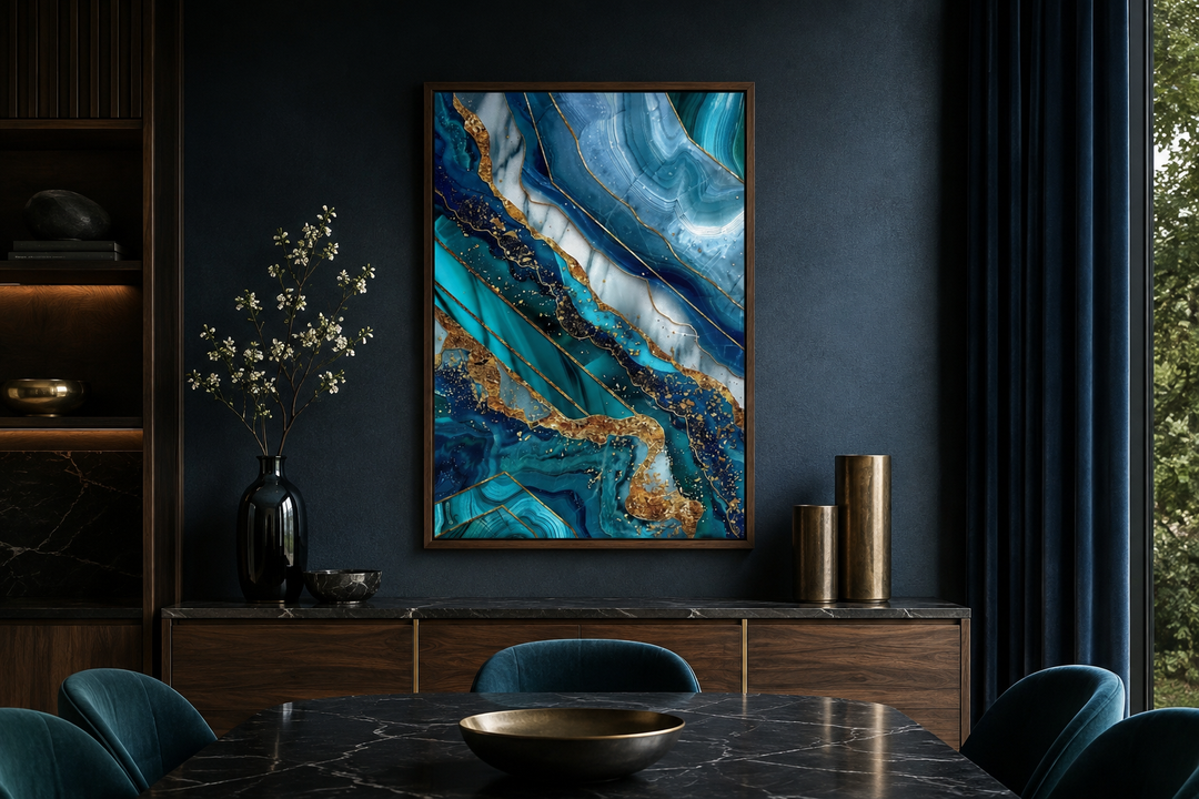 Teal and gold abstract marble framed canvas wall art hanging in a modern dark-walled dining room.