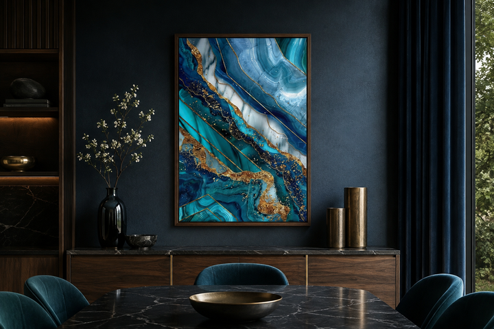 Teal and gold abstract marble framed canvas wall art hanging in a modern dark-walled dining room.