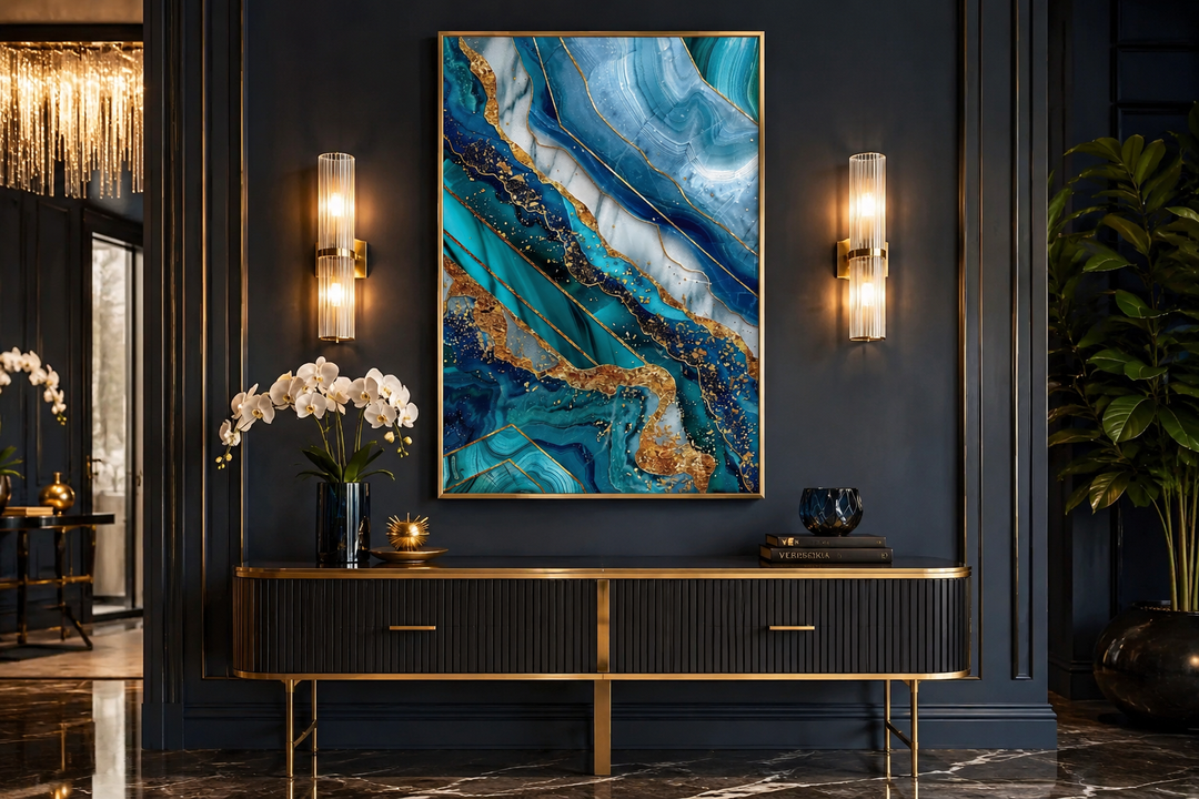 Teal and gold abstract marble framed canvas wall art hanging above a black and gold console table.