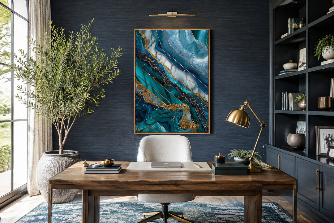 Teal and gold abstract marble framed canvas wall art hanging in a modern home office.