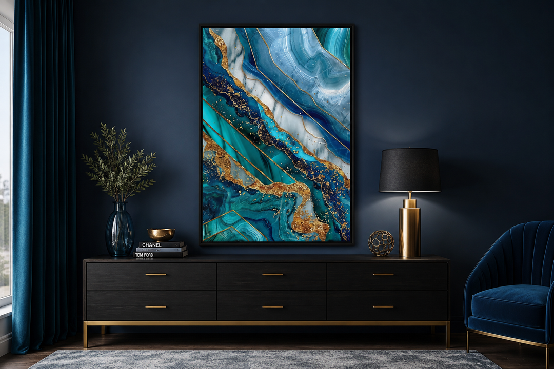 Teal and gold abstract marble framed canvas wall art hanging above a black sideboard in a room.