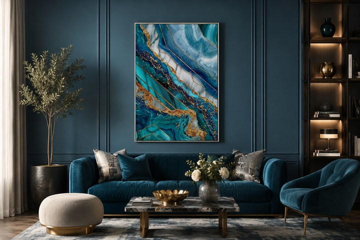 Teal and gold abstract marble framed canvas wall art hanging in a modern living room.
