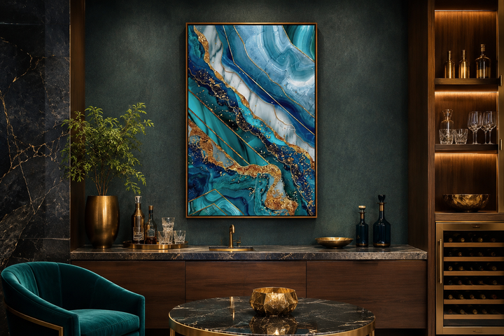 Teal and gold abstract marble framed canvas wall art hanging in a modern living room setting.