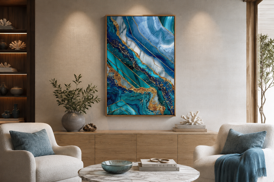 Teal and gold abstract marble framed canvas wall art hanging above a wooden console in a living room.